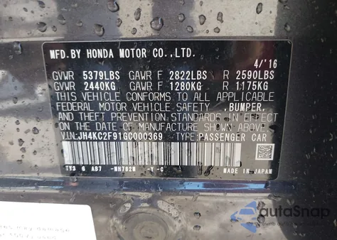 2016 Acura Rlx Sport Hybrid Advance Package z USA, uszkodzony, nr VIN JH4KC2F91GC000369